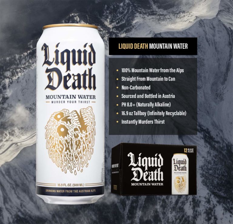liquid death sparkling water, liquid death mountain water